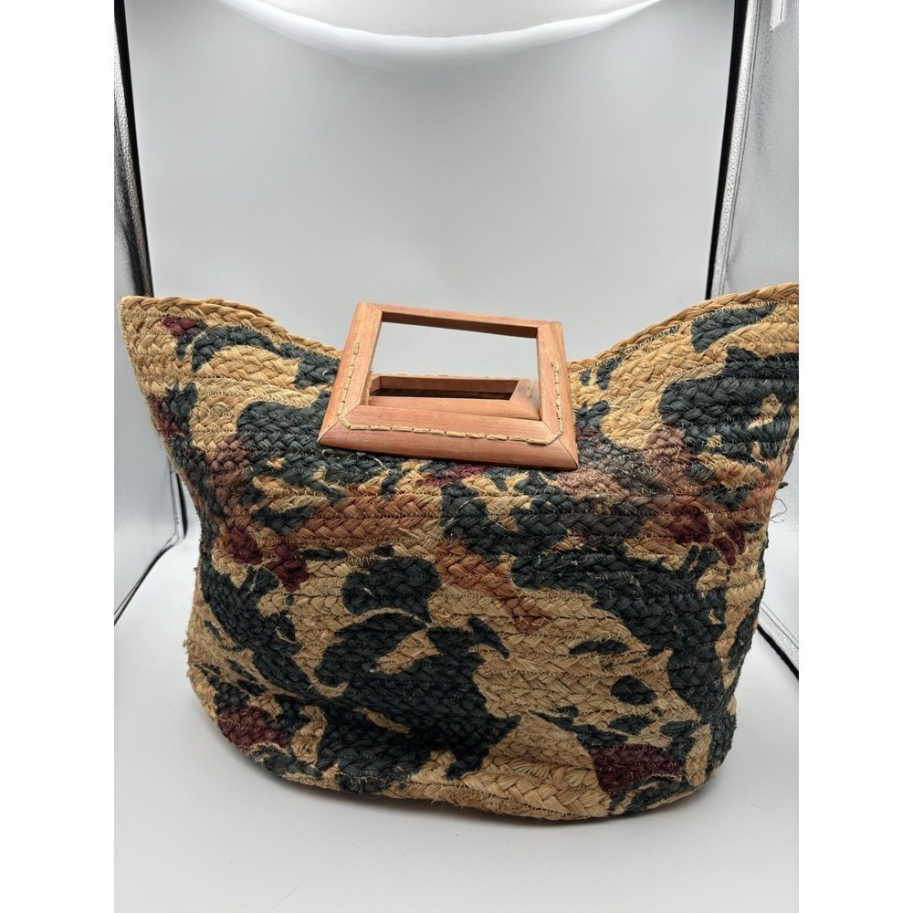 Antik Kraft Multicolor Woven Straw Tote with Wooden Handles